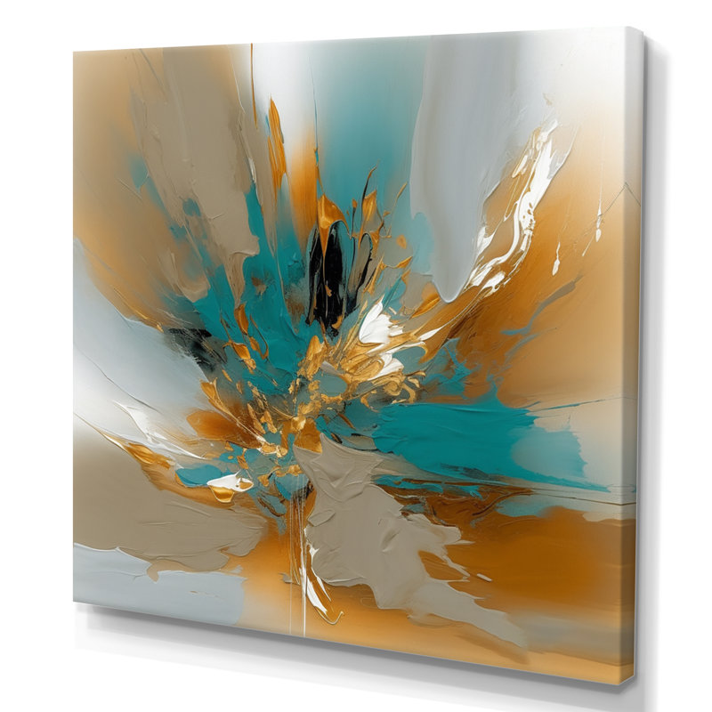 Marbre Lewellyn doré et turquoise Fuild Ink I - art mural abstrait en marbre pour le salon, H 16 po x l 16 po x P 1 po