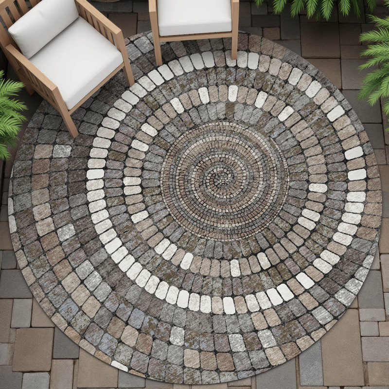 Machine Washable Indoor/Outdoor Husby ACN2216 Geometric Rug, Round 8'