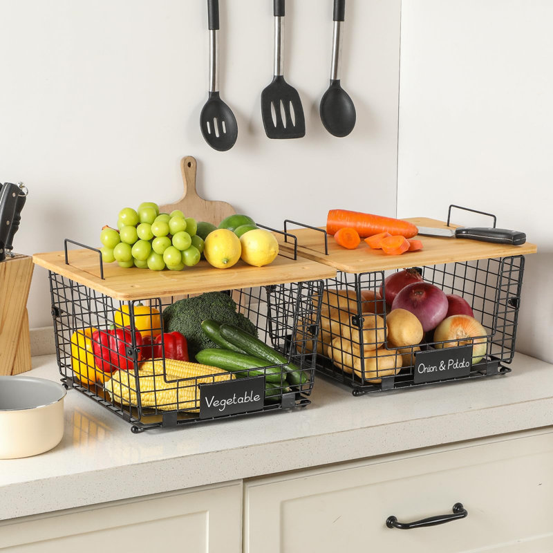 2 Set Stackable Wire Basket With Bamboo Top - Kitchen Counter, Pantry Organizer And Storage - Produce Onion Potato Fruits Vegs Bread Food Snack Spice Organizing Bin For Cabinet Shelf Countertop Floor