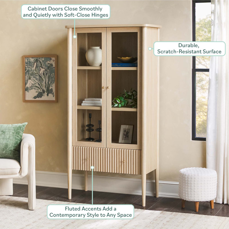 Aleric Modern Fluted Glass Bookshelf Cabinet, Coastal Oak