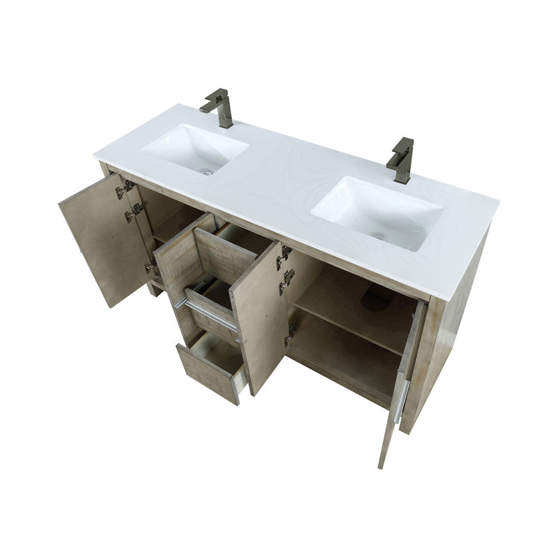 Meuble-lavabo double en acacia rustique 60 po X P 20 po D, dessus en quartz blanc et robinet en métal