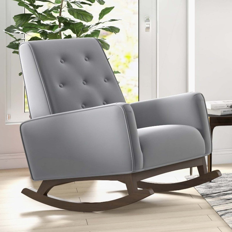 Chaise berçante en tissu et bois massif, Gris clair