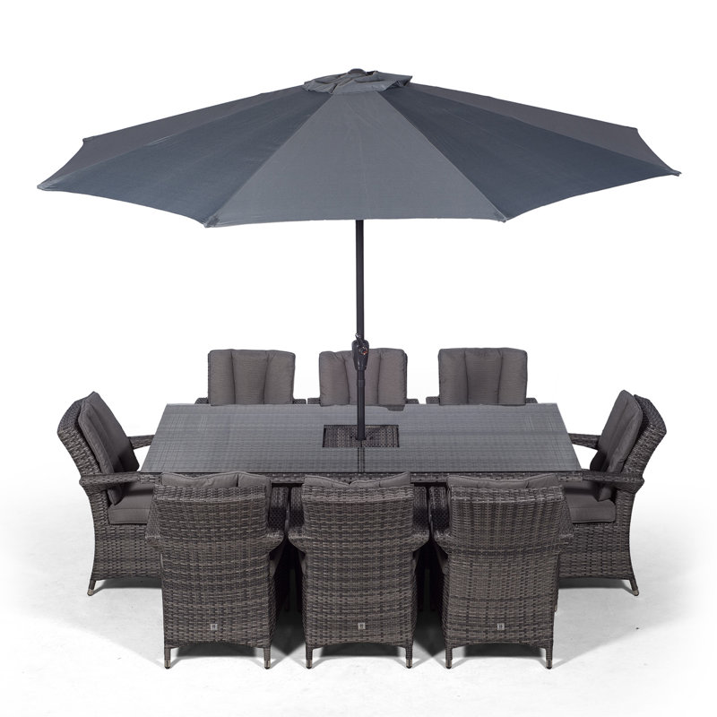 Karas 8 - Person Wicker Patio Dining Set with Rectangular Table , Cushions Included, Grey