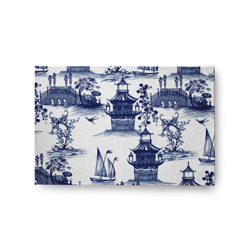 Tapis intérieur / extérieur tissé à la machine Floral en chenille bleu / blanc, Rectangle 2 pi x 3 pi
