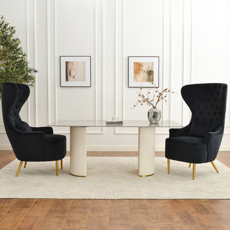 Flaxville Tufted Wingback Chair (Set of 2), Black Velvet
