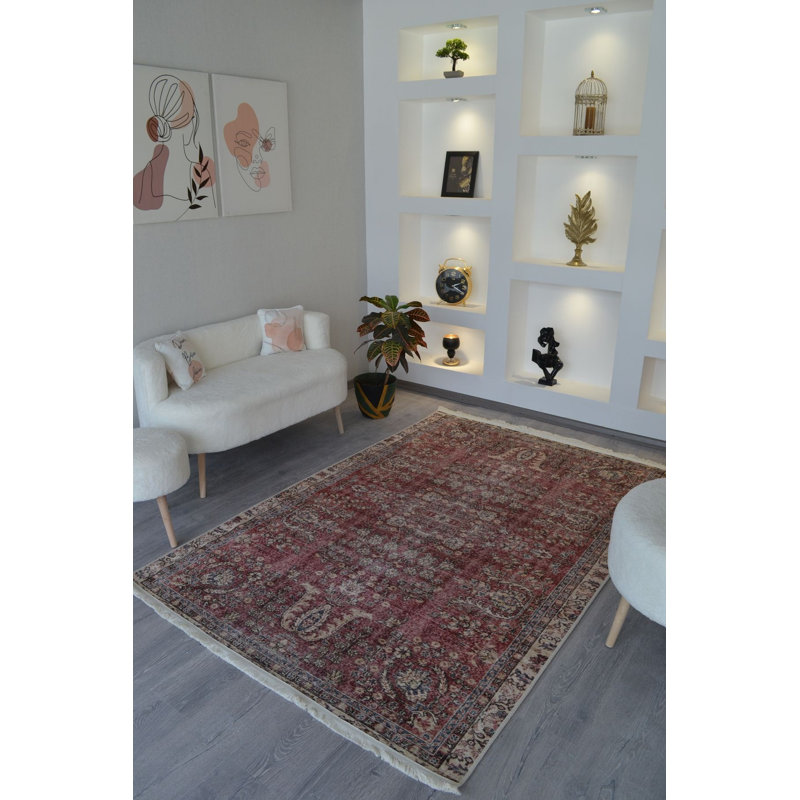 Tapis décoratif rouge à motif floral traditionnel lavable à la machine, Tapis de couloir 3 pi 3 po x 6 pi 7 po inclus
