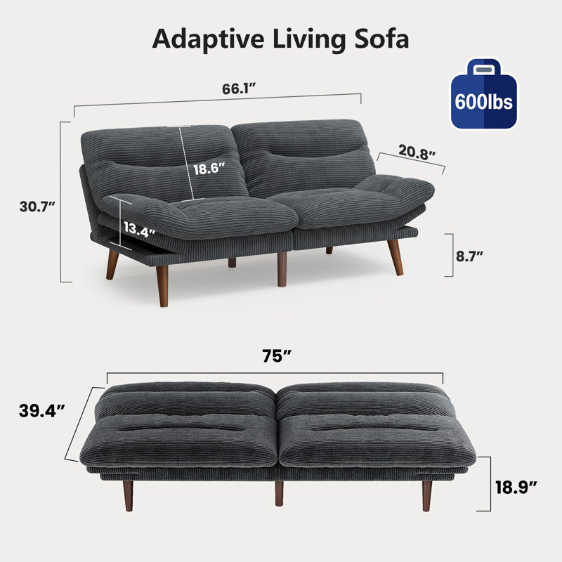 Canapé-lit futon convertible de 66 po avec dossier réglable à 3 niveaux et accoudoirs réglables à 6 niveaux, canapé-lit pour appartement, salon, gris