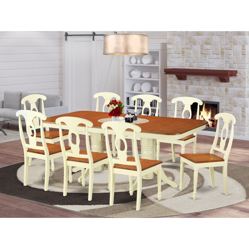 L'ensemble de mobilier de salle à manger 9 pièces comprend une table de cuisine rectangulaire avec rallonge papillon et 8 chaises de salle à manger, babeurre et cerise