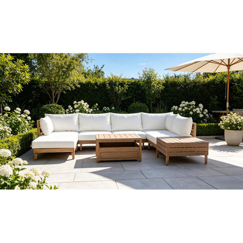 Ensemble de 8 meubles de patio modulaires d'extérieur en bois d'acacia, canapé modulaire rembourré beige avec table basse de rangement pour la cour