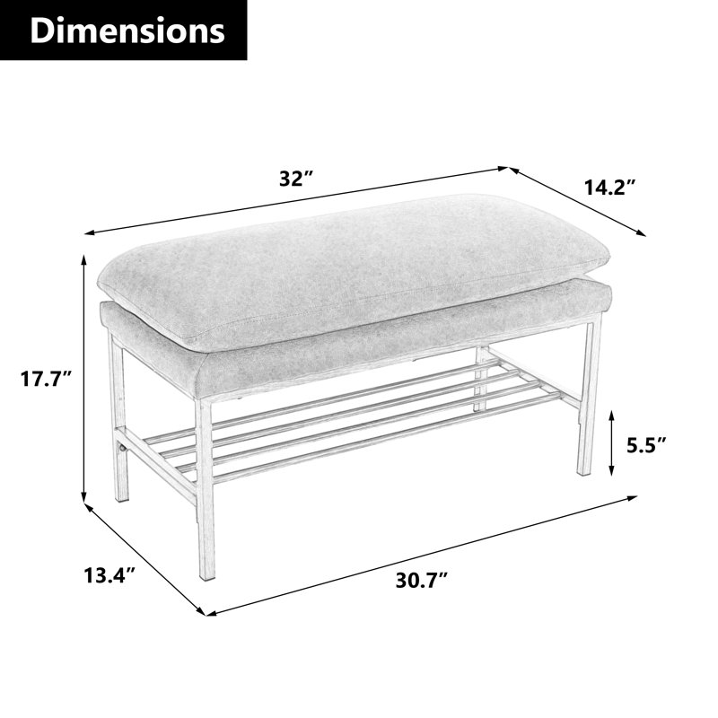 Upholstered Entryway Bench, Storage Shoe Bench With Shelf And Metal Legs, Black