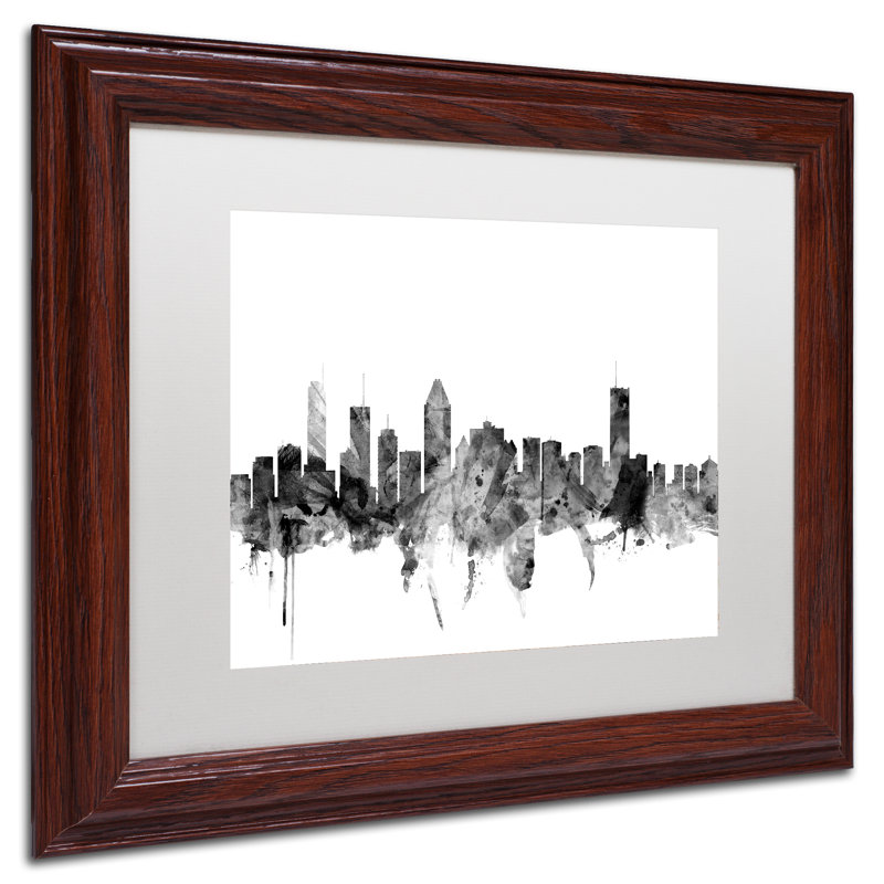«Montreal Canada Skyline B&W», impression encadrée, H 11 po x l 14 po x P 0,5 po, Blanc, Cadre brun