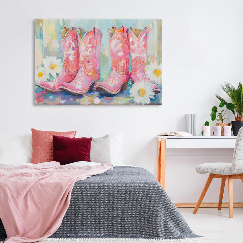 Toile rose avec paires de bottes de cow-boy, design par Tina LeCour, H 24 po x l 36 po