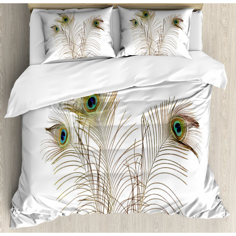 Ensemble de housse de couette éclectique blanc / vert en microfibre 3 pièces, Housse de couette grand + 2 taies décoratives