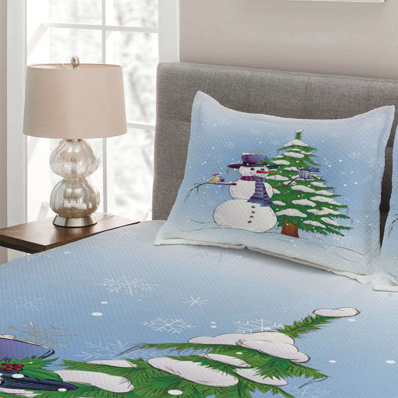 Blue Microfiber Queen Quilted Bedspread Set with Snowman Design