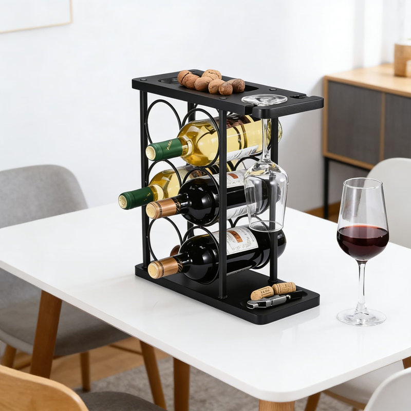 Support à vin de comptoir moderne à 6 bouteilles avec porte-verres à vin intégré et plateau à tire-bouchon, organisateur tout-en-un peu encombrant pour le bar et la cuisine