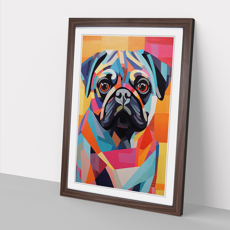 Pug Constructivism - Single Picture Frame Print on Wood, 46cm H x 34cm W x 2cm D, Walnut