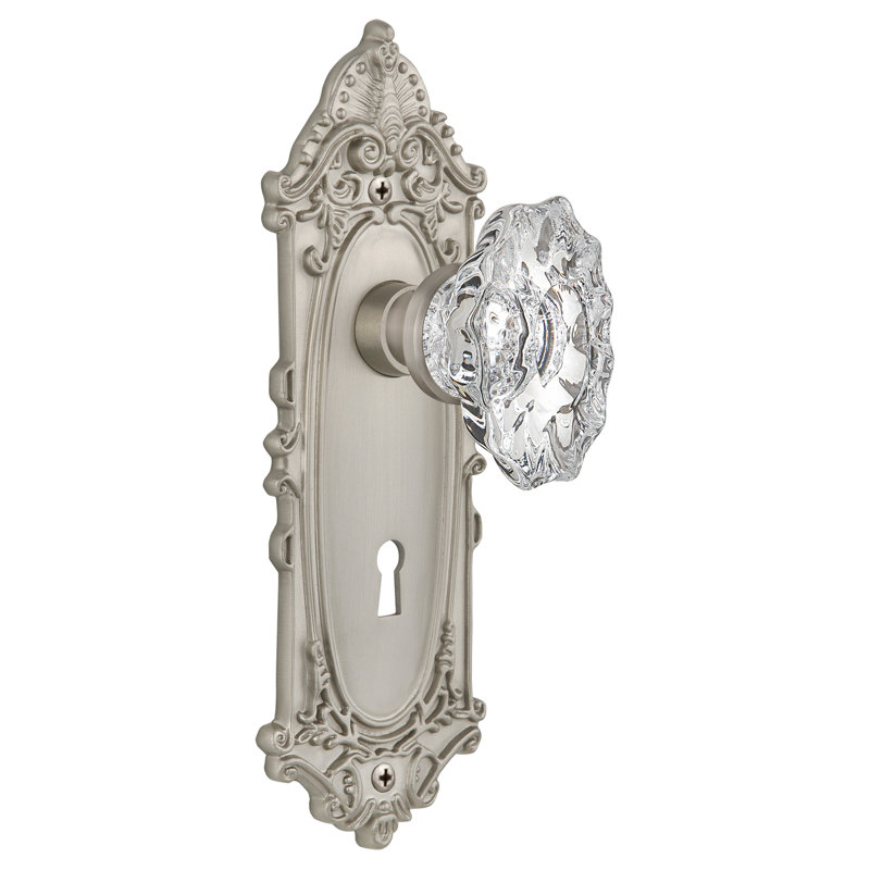 Crystal Chateau Interior Mortise Door Knob with Victorian Long Plate, Satin Nickel