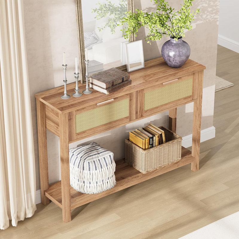 Zayer Rattan Entryway Table, 43" Console Table with Drawers, 2 Tier Sofa Table with Storage, Wooden Console Table for Entryway