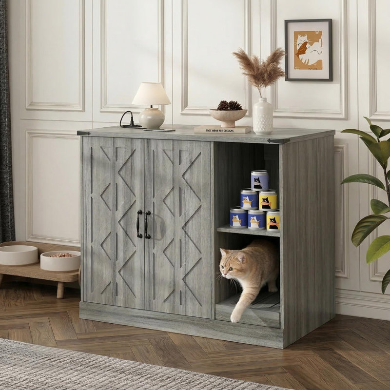 Armoire à litière pour chat avec prise de courant, meuble à litière moderne pour grandes boîtes à litière automatiques, bac à litière caché avec bac à litière, tablettes de rangement réglables, gris