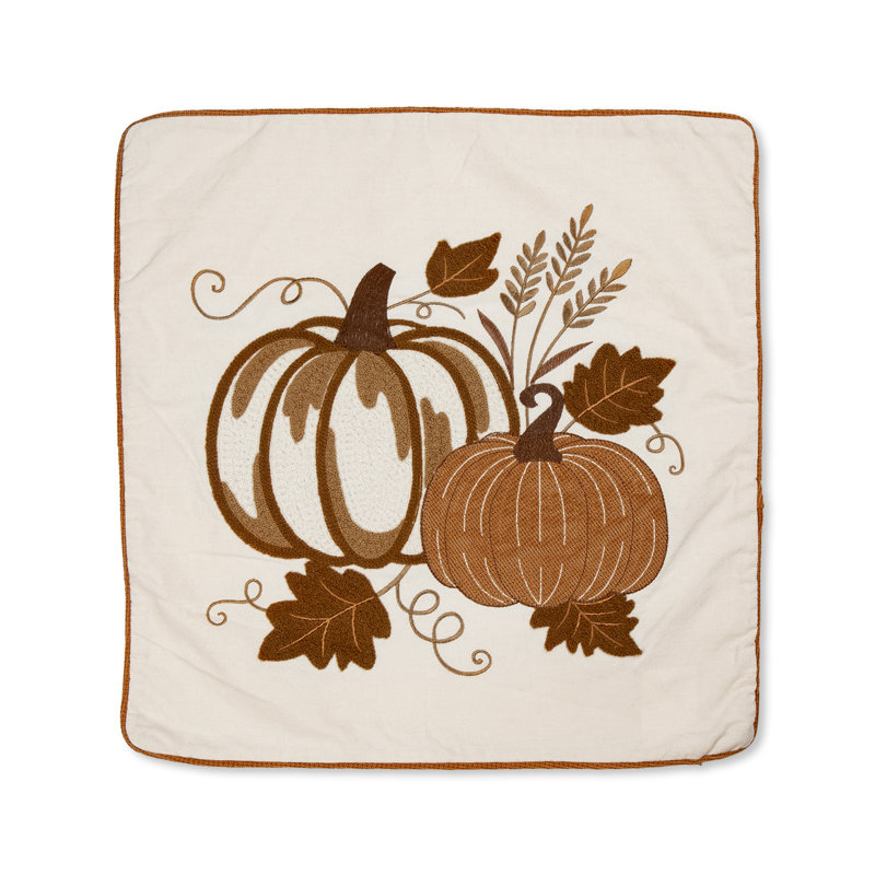 18x18 Beige Cotton Polyester Embroidered Pumpkin Throw Pillow