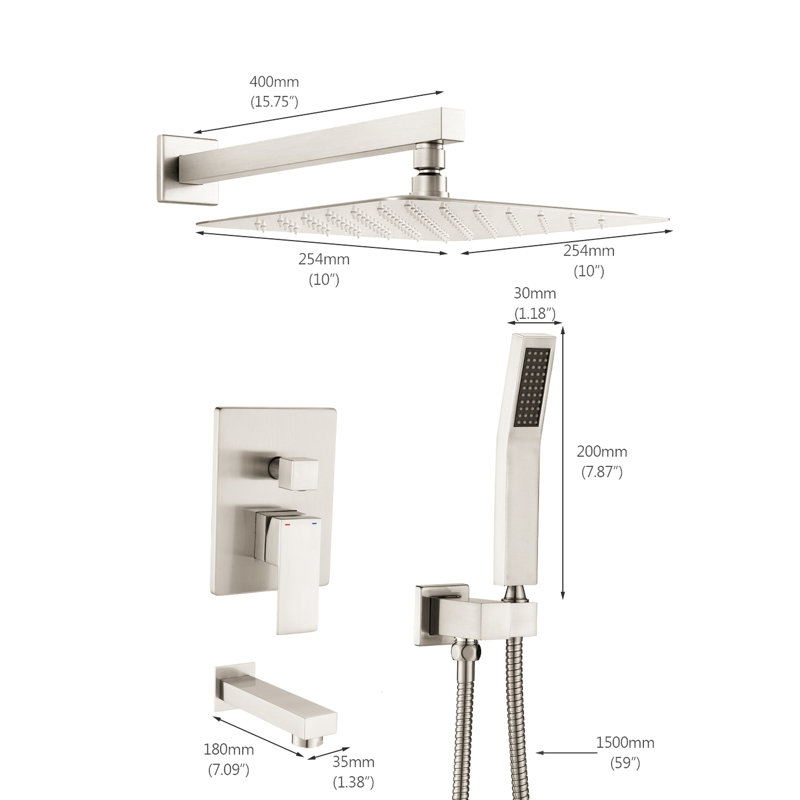 Ensemble de douche en nickel brossé - pomme de pluie 10 po, douche à main, résistance à la corrosion, système de buse autonettoyant avec mélange d'air, conception de fuite