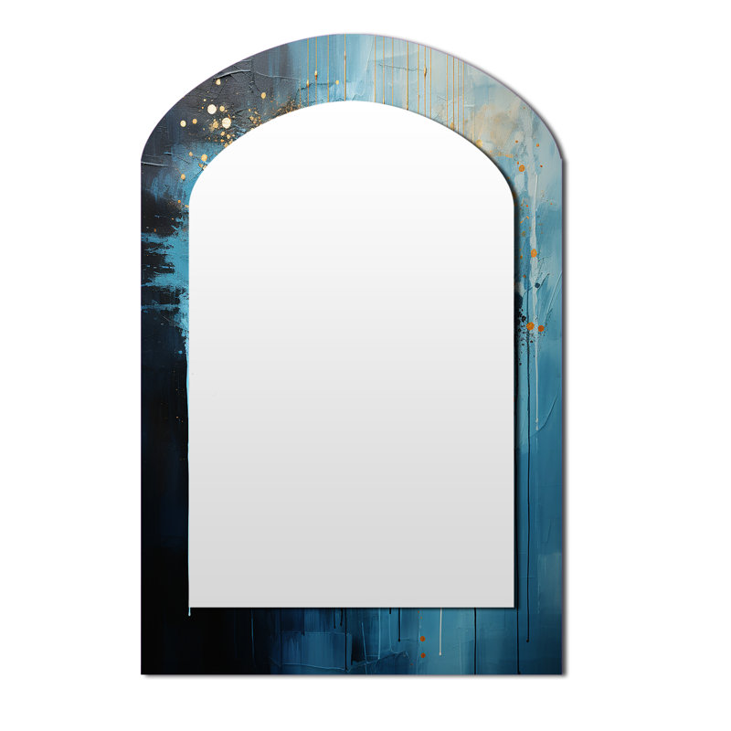 Moon Blue And Gold Cerulean Cycle Dreams II - Moon Unique Shape Decorative Mirror, Blue Freeform Large Wall Mirror, Printed Metal Art