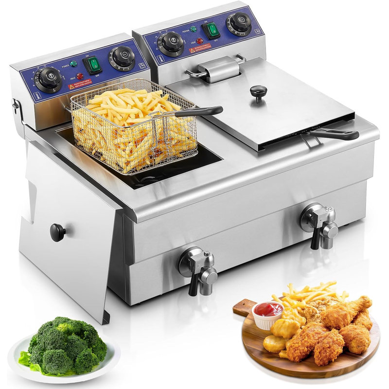 Commercial Deep Fryer With Basket And Lid, 23.3qt/22l Electric Deep Fryer With Oil Filtration, Time & Temp Control, 3000w Stainless Steel Deep Fryer Countertop For Kitchen Restaurant