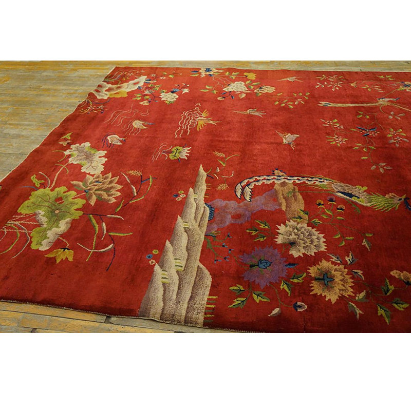 1920s Red Floral Antique Chinese Art Deco Water Bird Rug 8'2" x 9'8" Wool Carpet