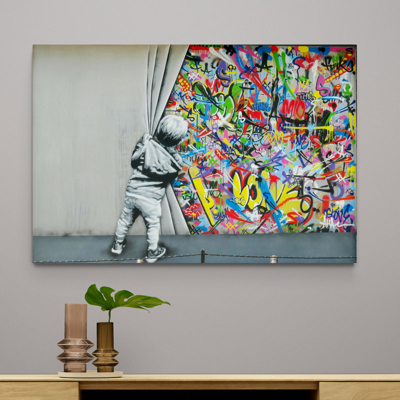 Little Boy Pulls Curtain Graffiti - Wrapped Canvas Painting, 21cm H x 31cm W x 4cm D