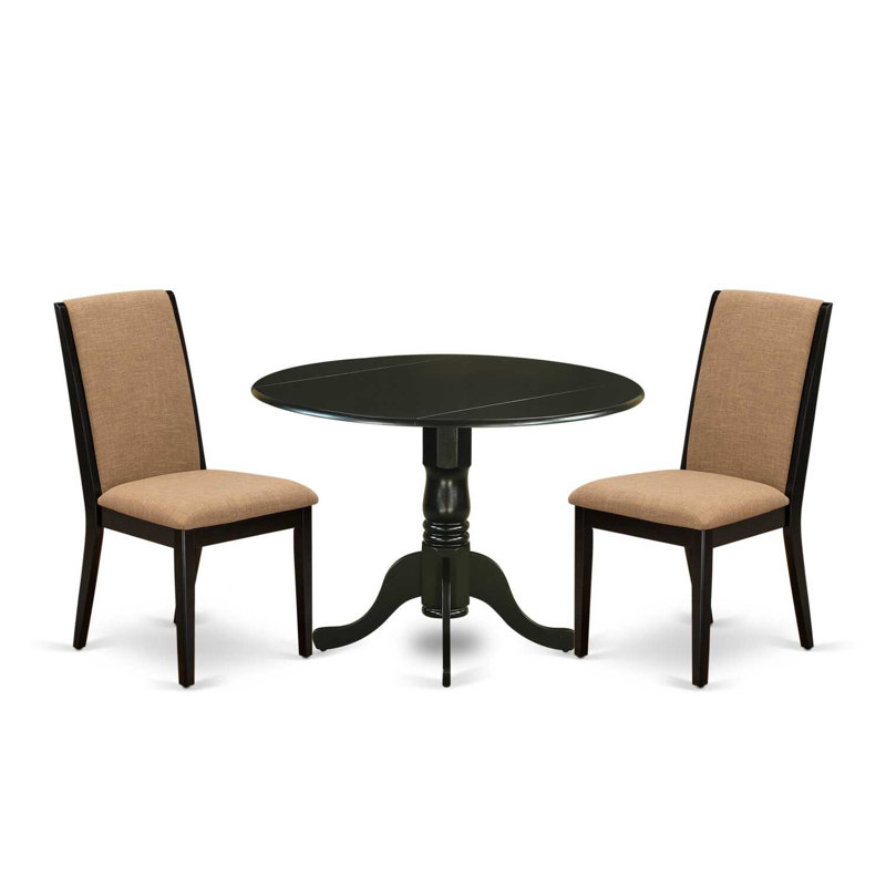 3 Piece Dining Table Set Contains a Round Dining Room Table with Dropleaf and 2 Light Sable Linen Fabric Upholstered Chairs, 42x42 Inch, Black
