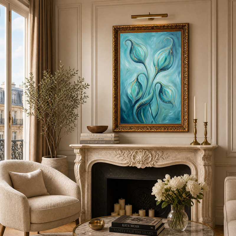 Toile abstraite sarcelle avec feuilles et accents dorés, art mural, H 24 po x l 16 po