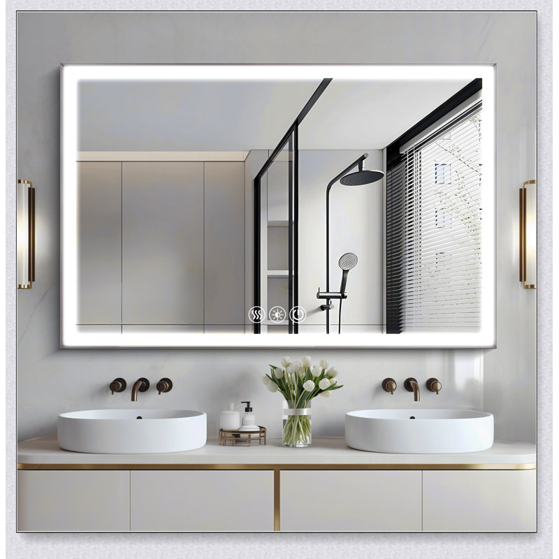 Miroir de meuble-lavabo à cadre 48 po x 32 po à DEL, cadre en aluminium avec lumières biseautées à angle biseauté à 45 °, 3 couleurs, antibuée, convenant à une décoration moderne