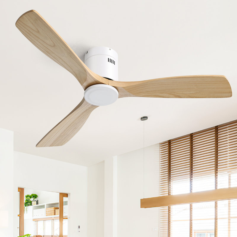 132CM Solid Wood 3-Blade Propeller Ceiling Fan with Remote Control, White/Natural Wood Blades