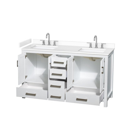 Meuble-lavabo double 60 po Sheffield en blanc, comptoir en marbre de culture blanc, lavabos carrés encastrés (3 trous), garniture en chrome brossé