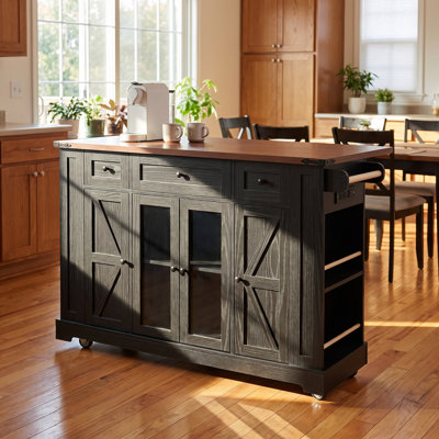53 Inch Farmhouse Rolling Kitchen Island with Drop Leaf and Power Outlet