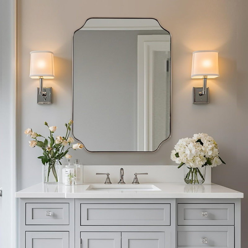 Modern Scalloped Corner Rectangle Bathroom Vanity Mirror | Stainless Steel Frame, 32" x 24", Brushed Nickel