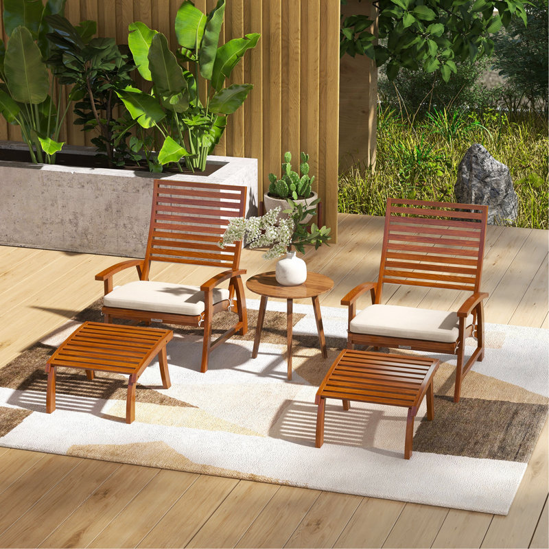 Ensemble de 4 chaises de patio avec coussin, ensemble de 4 chaises de salle à manger d'extérieur, siège en bois d'acacia avec repose-pieds, siège et dossier à lattes, accoudoirs, blanc crème