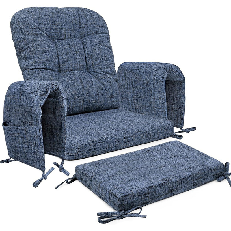 Glider Rocker Cushion Set (5 Pcs), Soft Blended Fabric High-density Support Foam Seat Cushions With Ties, Fits Rocking Chair/nursery Glider & Ottoman, Blue