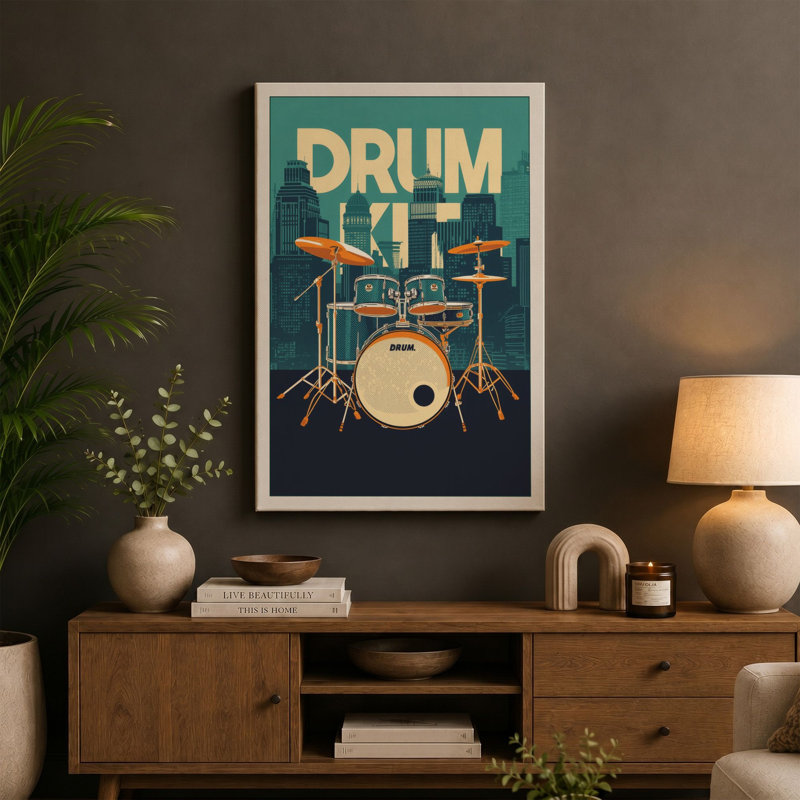 Urban Drum Kit Modern 1 Piece Wrapped Canvas Wall Art, 24x16 - 61.0 x 40.6 cm, Black Border