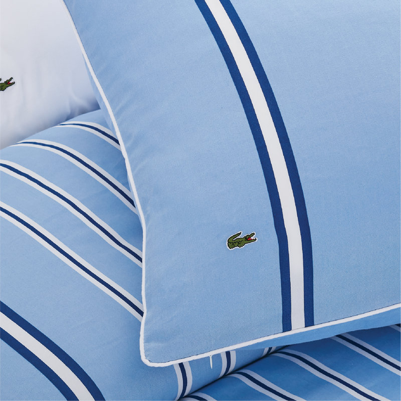 Lacoste Hollis Stripe 100% Cotton Comforter Set, Soft Breathable All-Season with Embroidered Crocodile, Full/Queen 3-Piece Blue