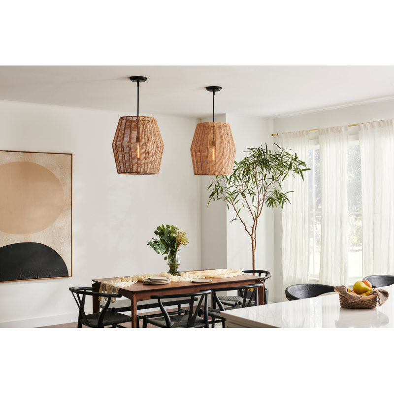 Luca 1 - Light Pendant, Black with Camel Rattan shade, Camel