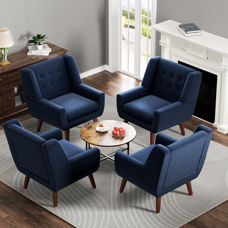 Upholstered Wingback Chair, Dark Blue Linen Blend