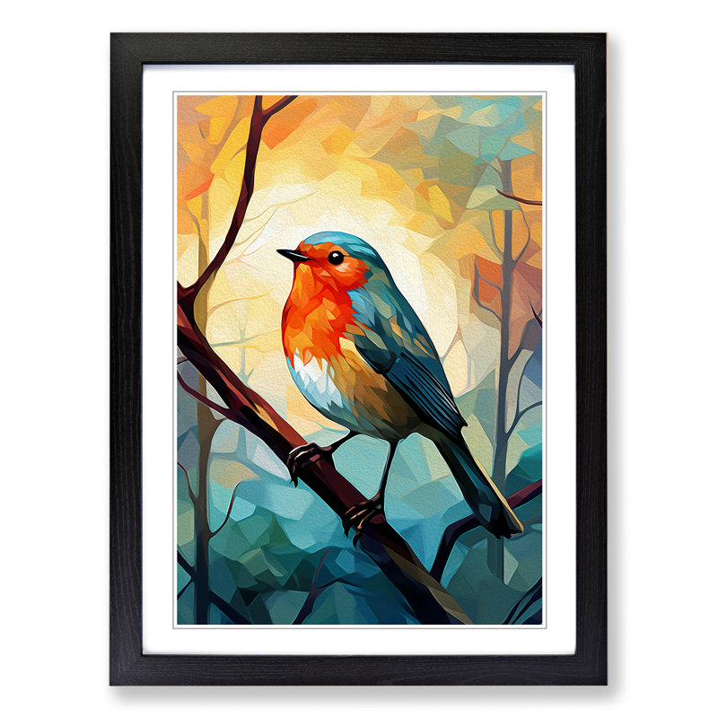 Robin Bird Cubism - Single Picture Frame Print on Wood, Black Framed, 34cm H x 25cm W x 2cm D