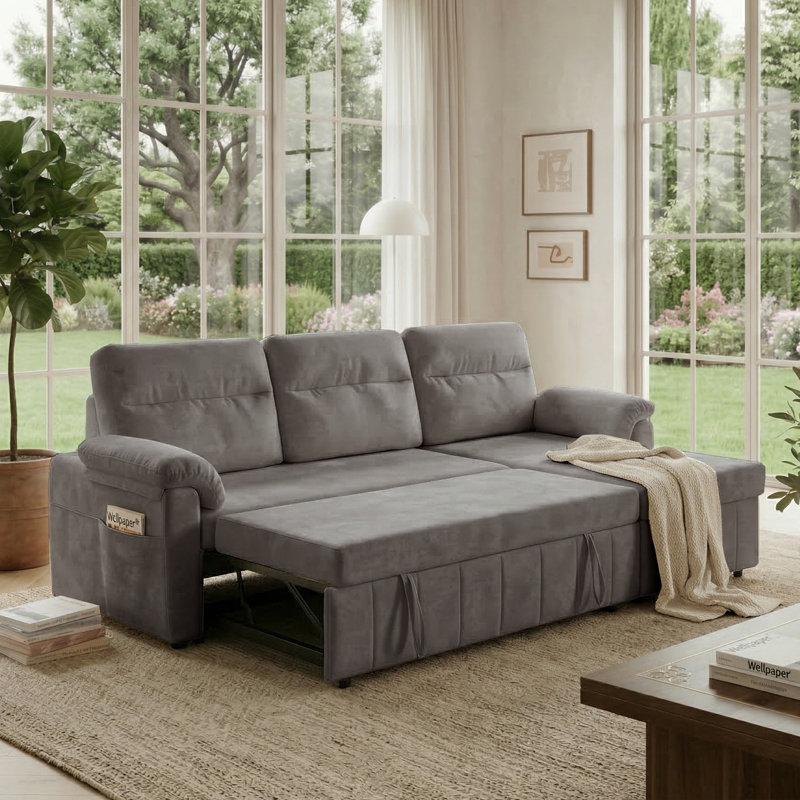 84'' Upholstered Sleeper Sofa L Shape Sofa Bed With Storage and USB, Light Gray