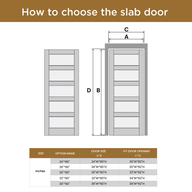 80" Primed 5-Lite Frosted Glass Solid Wood Slab Door Without Frame and Hardware Kit, 32" x 80"
