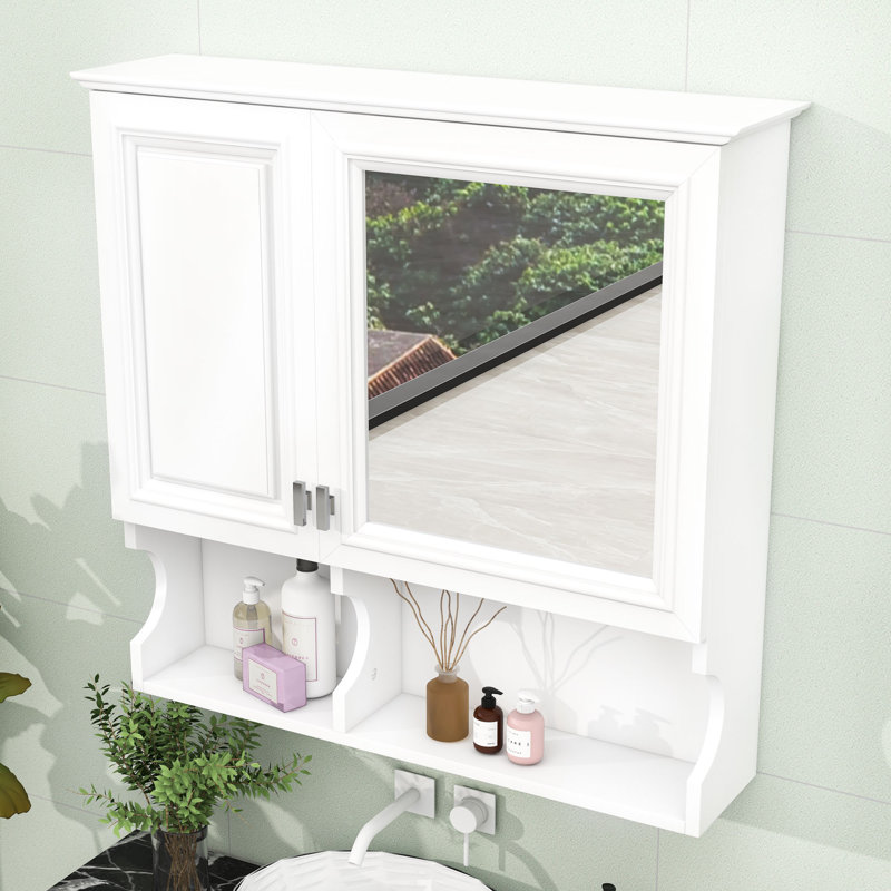 Armoire à pharmacie murale avec miroir, tablettes réglables, rangement ouvert et portes, Blanc