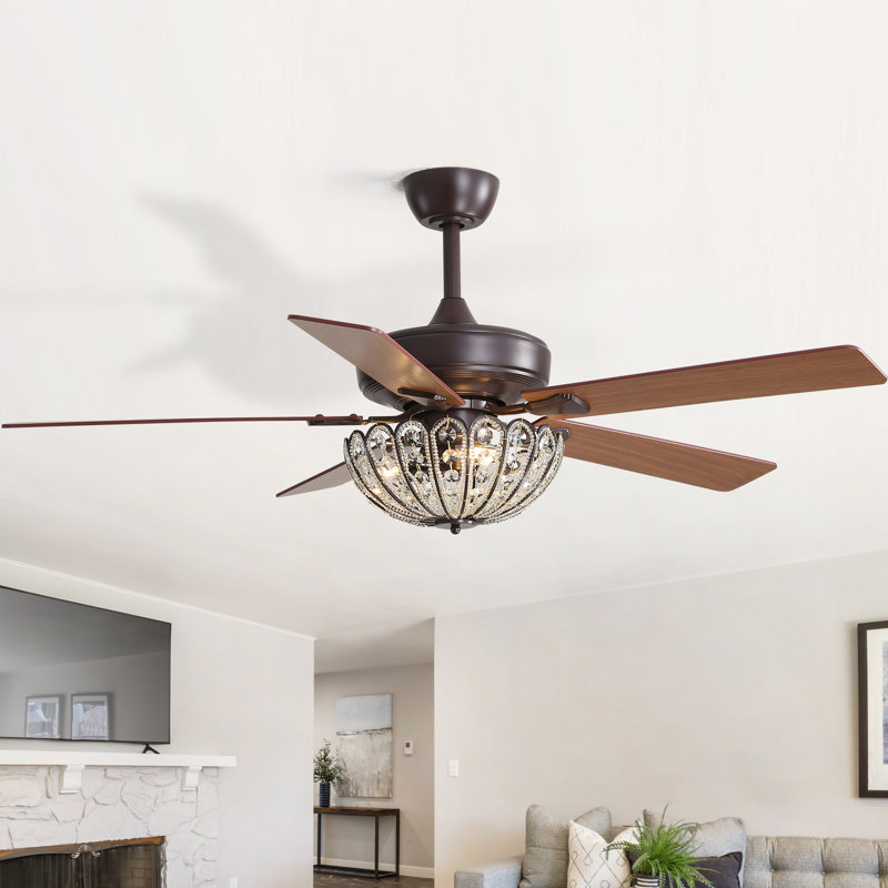 52" 5-blade Bronze/brown Modern Farmhouse Indoor Ceiling Fan With Crystal And Dc Motor