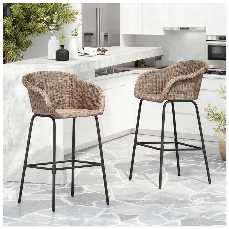 Ladd Outdoor Metal Wicker Barstool, Light Faux Wicker With Integrated Footrest And Ergonomic Design, Brown
