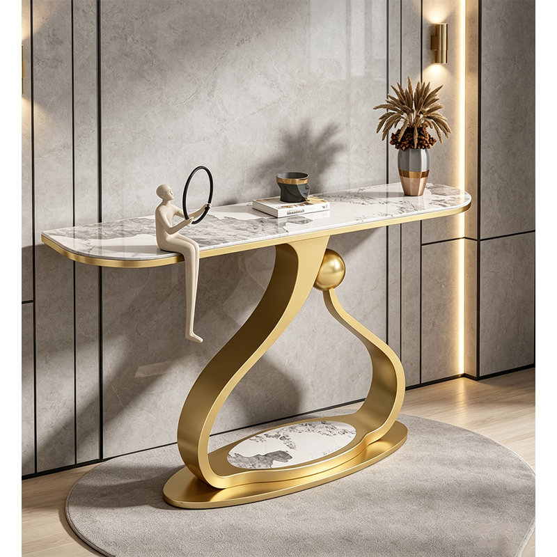 Console contemporaine à bord incurvé à motif en marbre avec dessus en pierre, 33.5" H x 39.37" W x 11.81" D