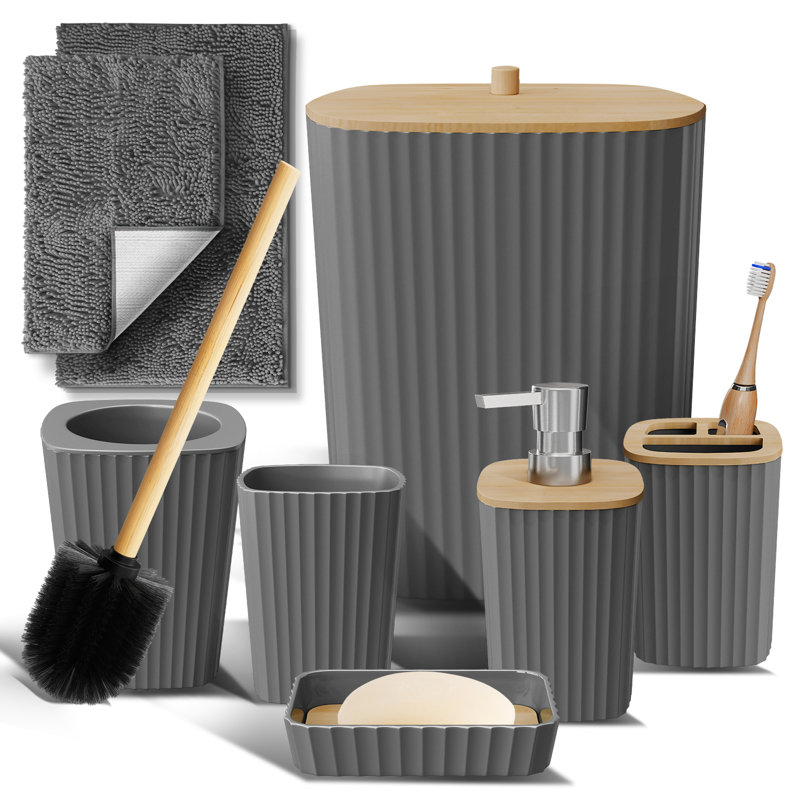 Complete 8 Piece Bathroom Accessory Set with Bamboo Accents, Trash Can, Toilet Brush & 2 Bath Rugs Included, Gray